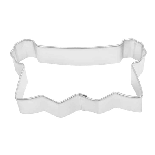 Banner-shaped cookie cutter made of silver metal, featuring a classic ribbon design.