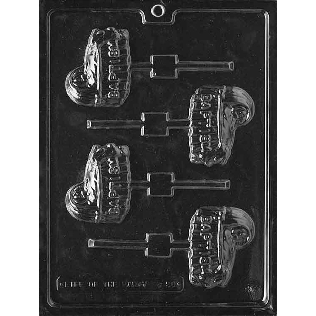 Chocolate lollipop mold with four bassinet-shaped cavities, each featuring a hooded cradle design and the word Baptism molded into the side