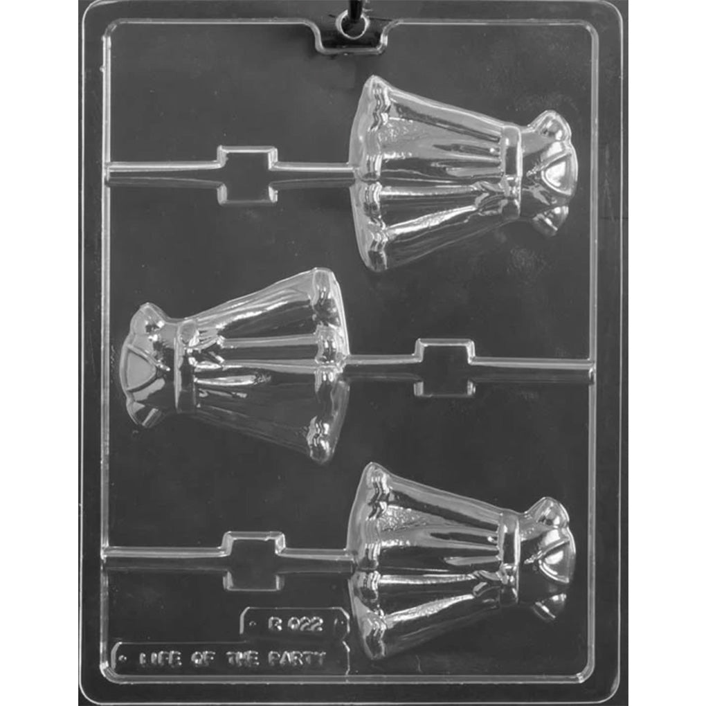 Clear plastic chocolate lollipop mold with three cavities shaped like a baptism dress with a flared skirt and stick channels.