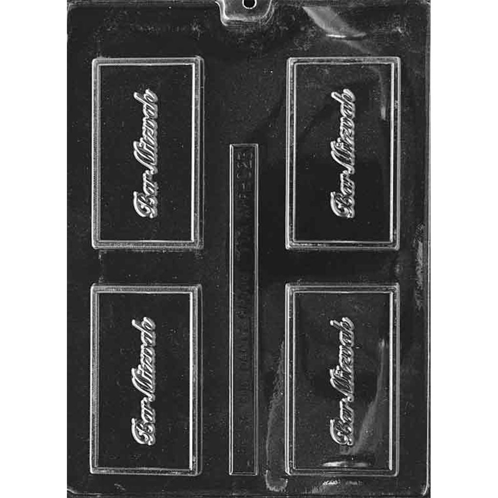 Clear chocolate mold with four rectangular plaque cavities, each framed by a double border and embossed with “Bar Mitzvah” in flowing script.