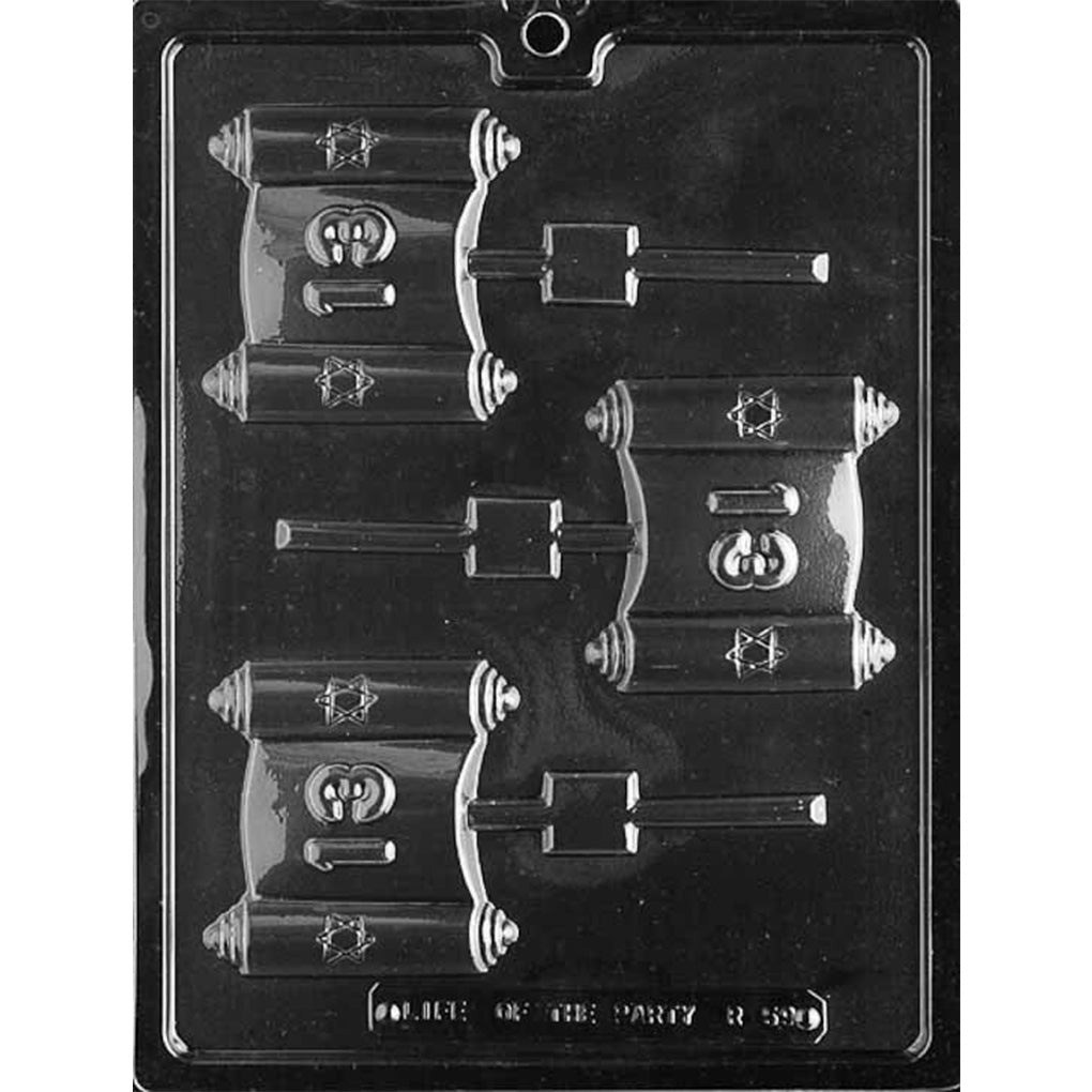 Clear plastic chocolate lollipop mold with three scroll-shaped cavities featuring the number 13 in the center and Star of David accents on the rolled ends.