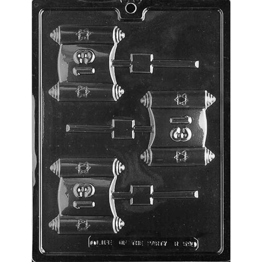 Clear plastic chocolate lollipop mold with three scroll-shaped cavities featuring the number 13 in the center and Star of David accents on the rolled ends.