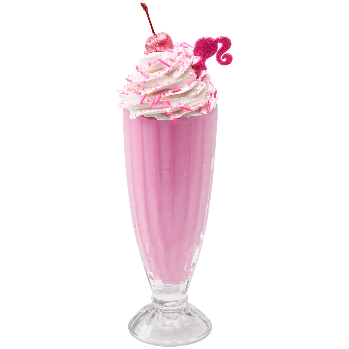 Pink milkshake with whipped cream, pink sprinkles, a cherry, and a glitter Barbie ponytail silhouette pick