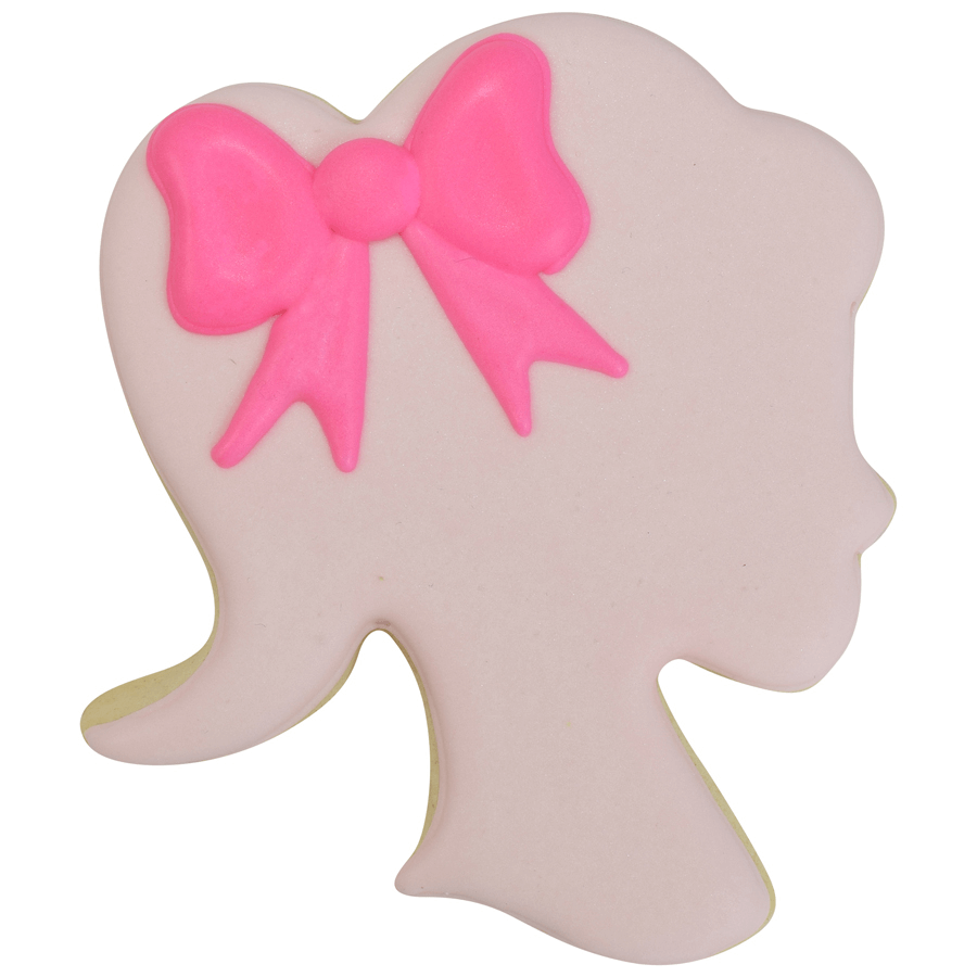 Decorated cookie of a barbie doll head with a soft pink base and a bright pink bow.