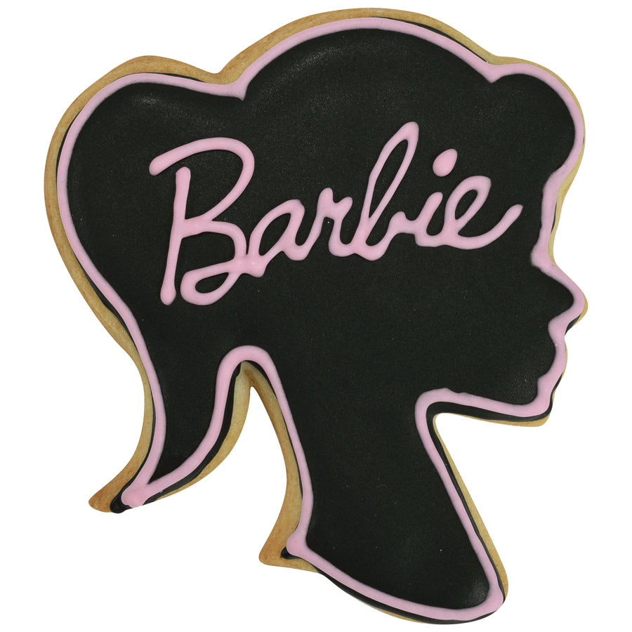 Decorated cookie featuring a black silhouette with pink lettering spelling "Barbie."