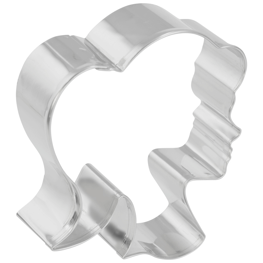 Angled view of the doll head cookie cutter, showing its depth and shape.