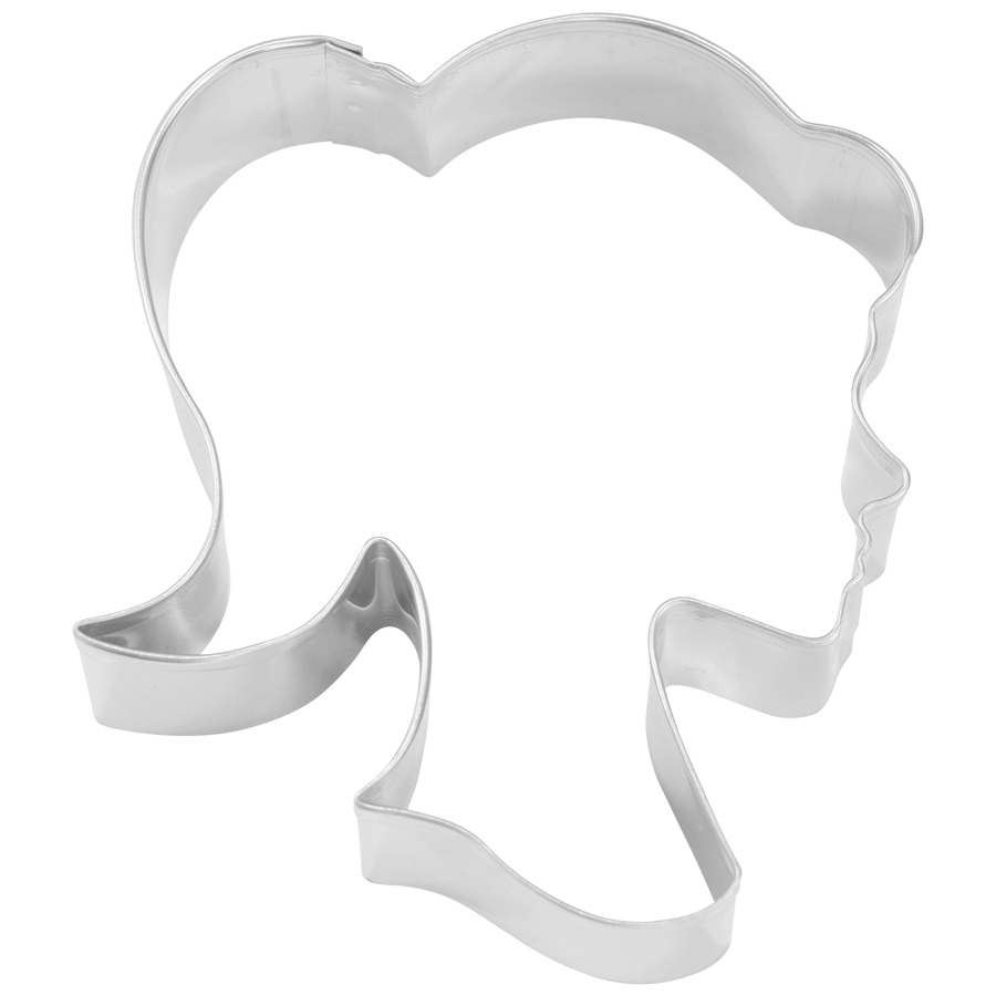 Metal cookie cutter shaped like a doll's head in profile, with a ponytail.