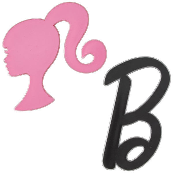 Pink Barbie silhouette and black "B" cake toppers from the Barbie Lay-on Cake Topper set.