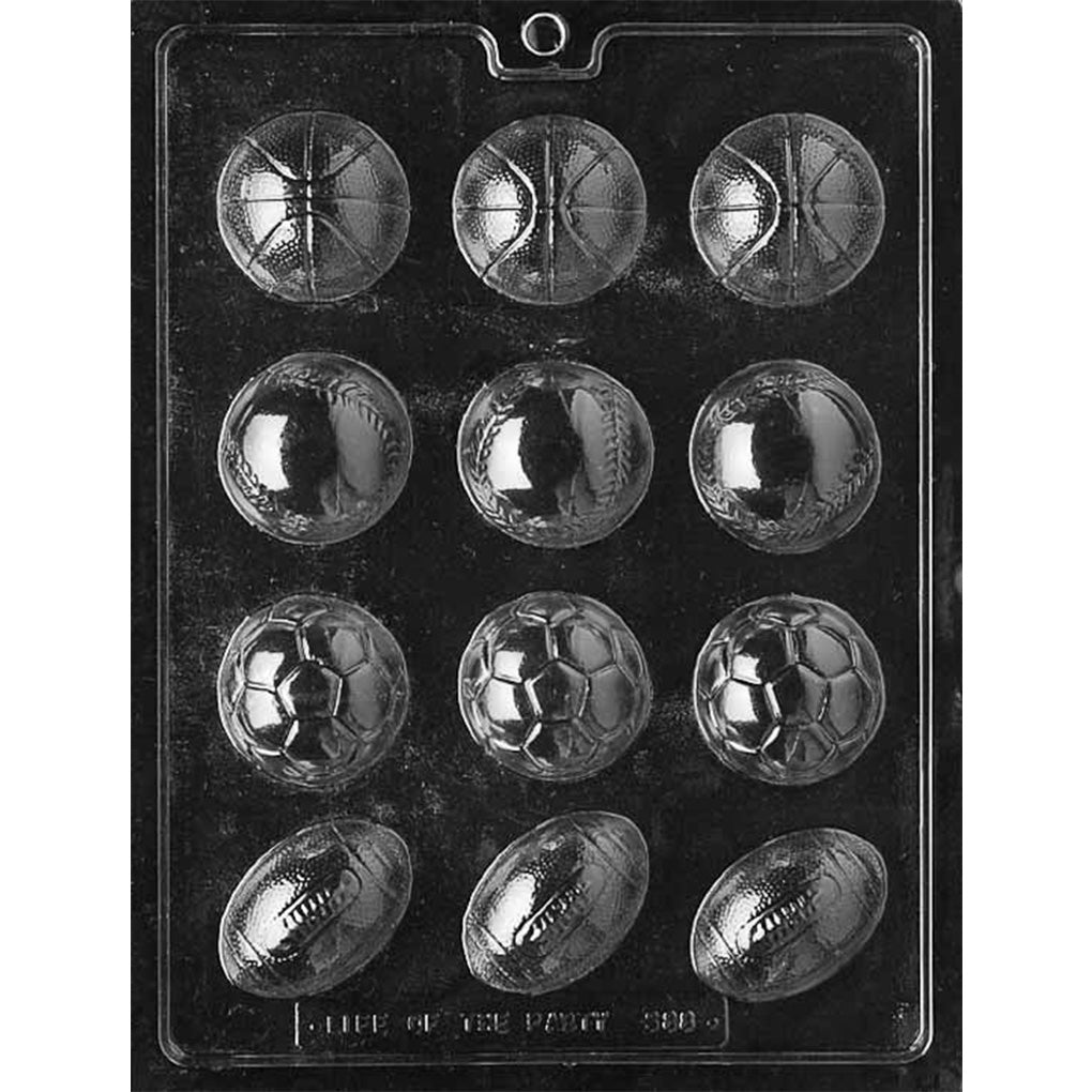 Twelve-cavity sports ball chocolate mold with three textured basketballs, three stitched baseballs, three paneled soccer balls, and three laced footballs.