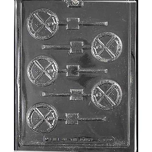 Clear plastic Baseball Round Disc Chocolate Lollipop Mold with five 2-inch cavities featuring crossed bats, a baseball, and an infield design