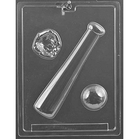 Clear plastic chocolate mold with 3 cavities: a long baseball bat, a glove with finger and pocket details, and a baseball with molded seams.