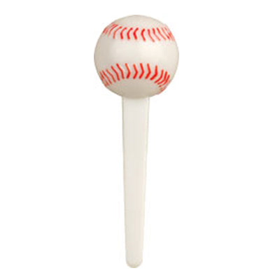 Plastic cupcake pick with a baseball design on top, 2.5 inches tall, sold in a pack of six for sports-themed treats.
