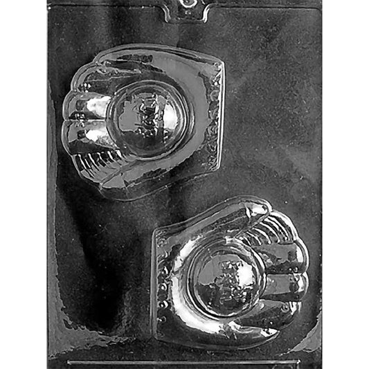 Two-cavity baseball glove and ball chocolate mold with 4-inch opposing glove designs, detailed fingers, webbing, lacing, and raised baseballs