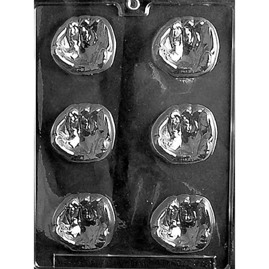 Baseball glove chocolate mold with six deep cavities featuring fingers, webbing, palm lines, and stitching, each measuring 2 1/8 x 2 x 3/4 inch