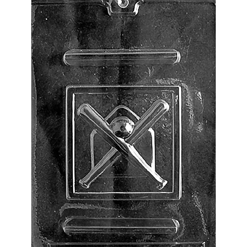 Clear plastic chocolate mold with one large square plaque cavity featuring two crossed baseball bats over a home plate with a baseball at the center.