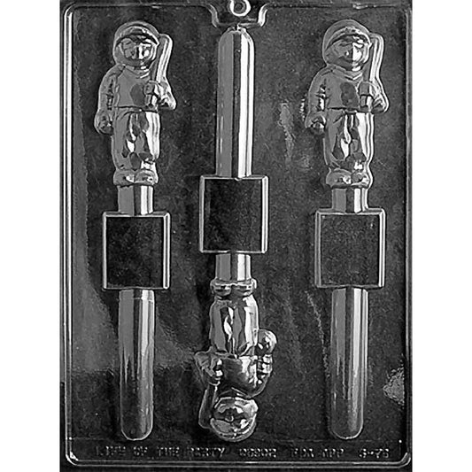 Three-cavity baseball player pretzel rod chocolate mold with standing players holding bats, detailed uniforms and caps, and long pretzel rod channels.