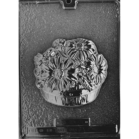 Single-cavity basket of daisies chocolate mold measuring 5 3/8 x 5 x 7/8 inches with raised flowers, leaves, and ribbed basket details