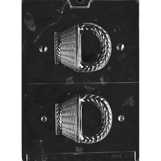 Basket with handle chocolate mold featuring two large basket-shaped cavities on a dark plastic tray, each with a woven basket texture and a thick arched handle.