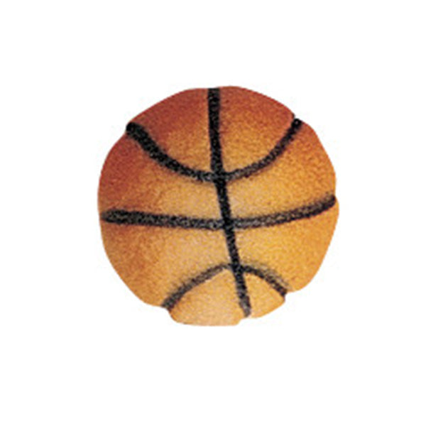 Close-up of a small round pressed sugar basketball decoration in orange with black line details on a white background.
