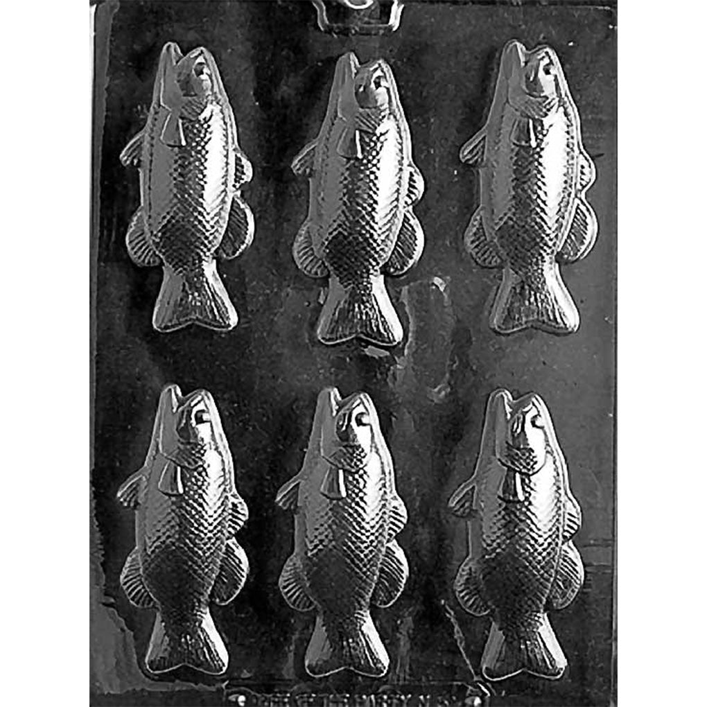 Clear Bass Chocolate Mold photographed against a black background with six detailed fish-shaped cavities featuring scales, fins, and tails.