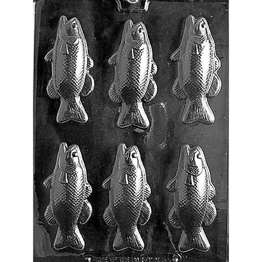 Clear Bass Chocolate Mold photographed against a black background with six detailed fish-shaped cavities featuring scales, fins, and tails.