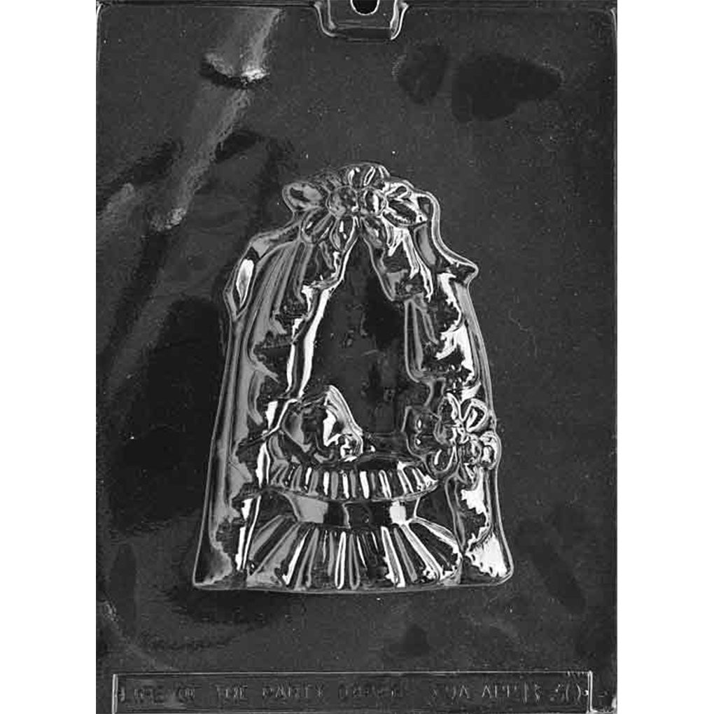 Clear plastic chocolate mold with one large cavity shaped like a baby bassinet with a bow, draped hood, and floral detail