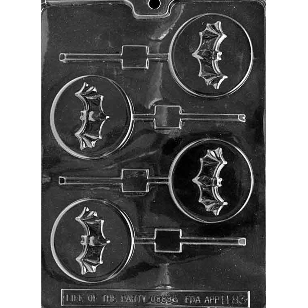 Clear chocolate lollipop mold with four round cavities, each featuring a bat flying across the center of a moon-like circle with straight stick channels.