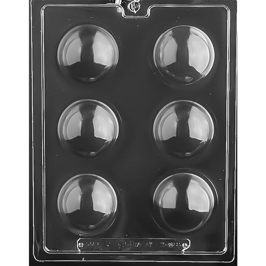 Clear plastic mold with six 2 1/4-inch half-sphere cavities for making hot cocoa bombs, hollow chocolates, or bath bombs