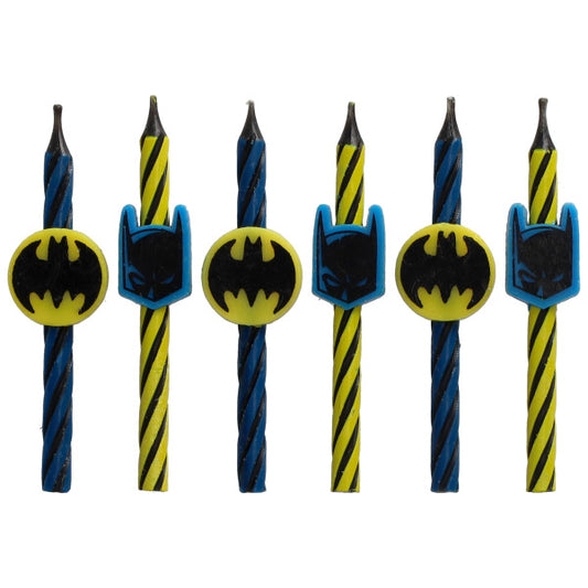 Set of six spiral Batman-themed birthday candles featuring Batman masks and logo toppers.