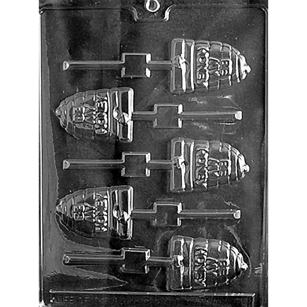 Clear plastic Be My Honey Chocolate Lollipop Mold with five beehive-shaped cavities, “Be My Honey” lettering, and lollipop stick channels