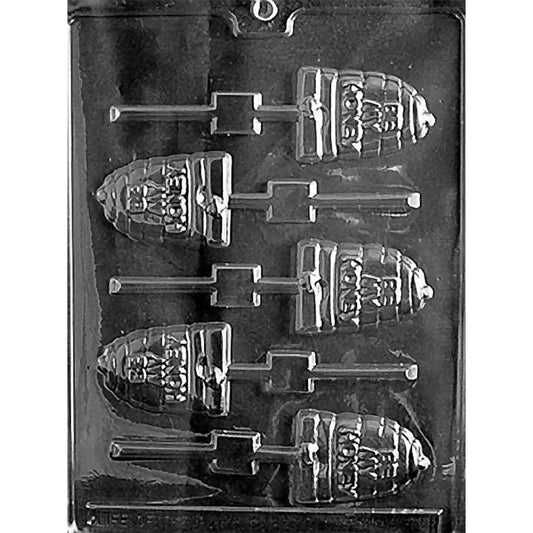 Clear plastic Be My Honey Chocolate Lollipop Mold with five beehive-shaped cavities, “Be My Honey” lettering, and lollipop stick channels