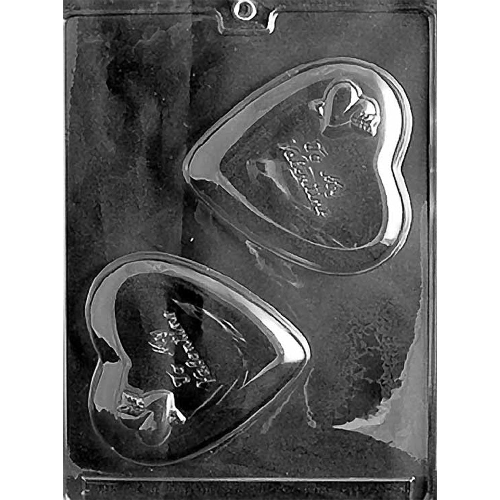 Clear “Be My Valentine” Heart Chocolate Mold photographed against a black background with 2 large heart-shaped cavities featuring an embossed Valentine message.