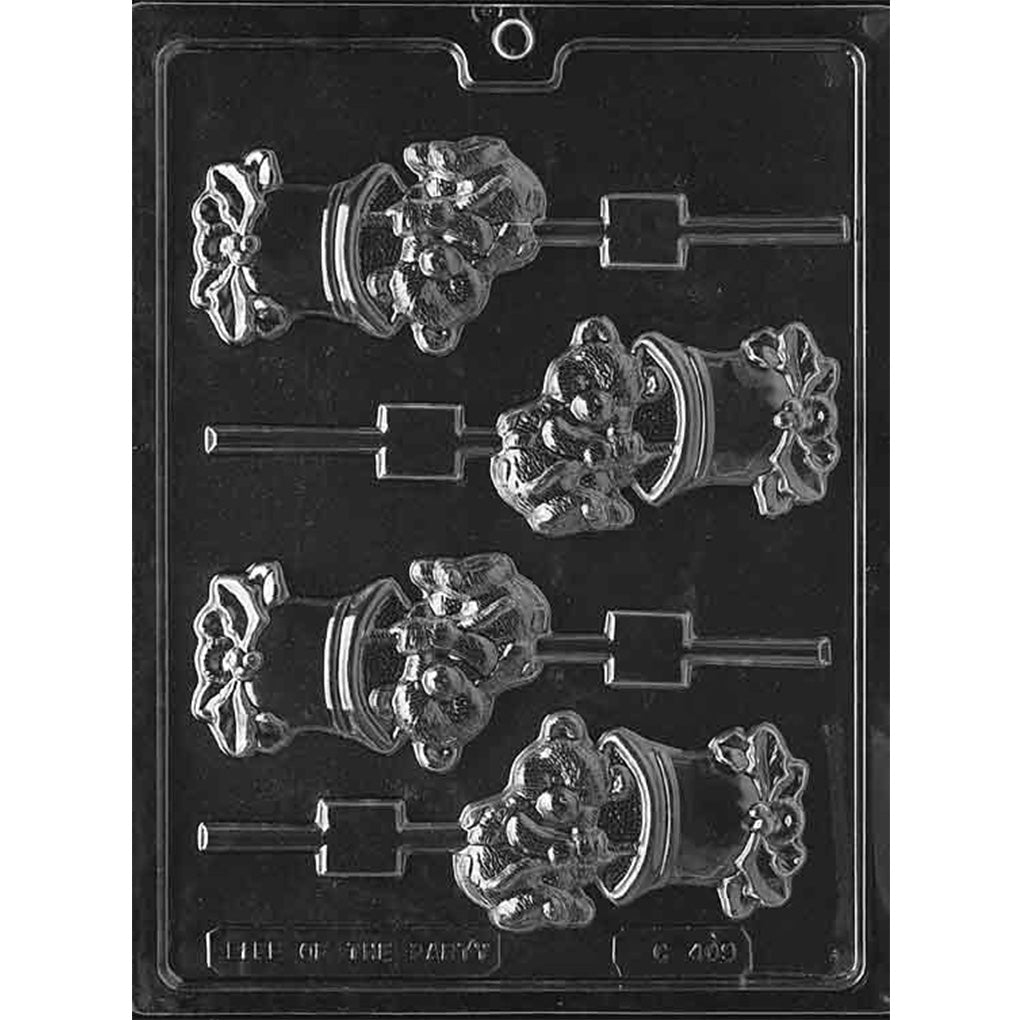 Four-cavity Bear on Bell chocolate lollipop mold C-209 with teddy bears, Christmas bells, and holly details, each measuring 3 5/8 x 2 1/4 x 3/8 inches.
