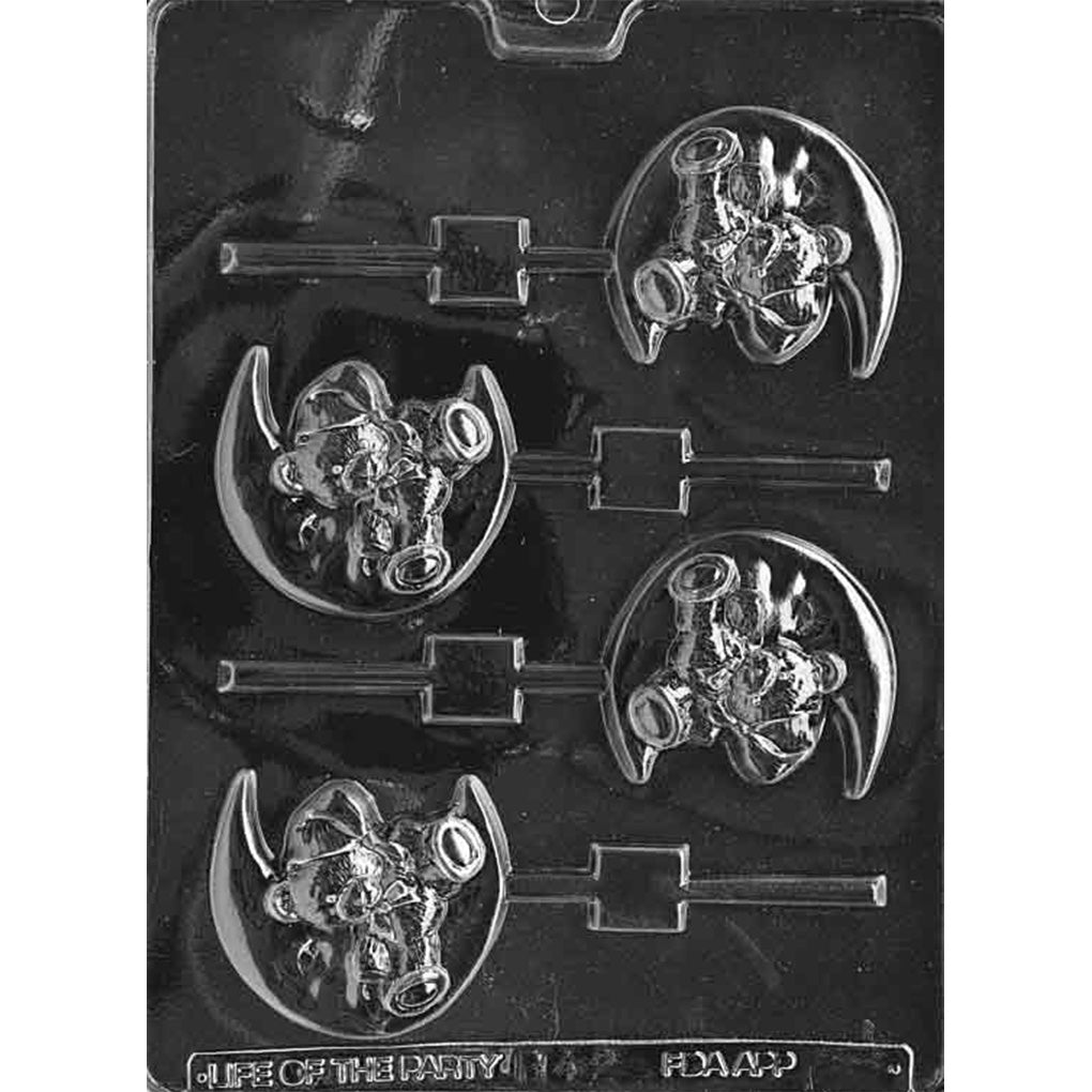 Clear plastic Teddy Bear on Crescent Moon Chocolate Lollipop Mold with four matching cavities and built-in stick channels