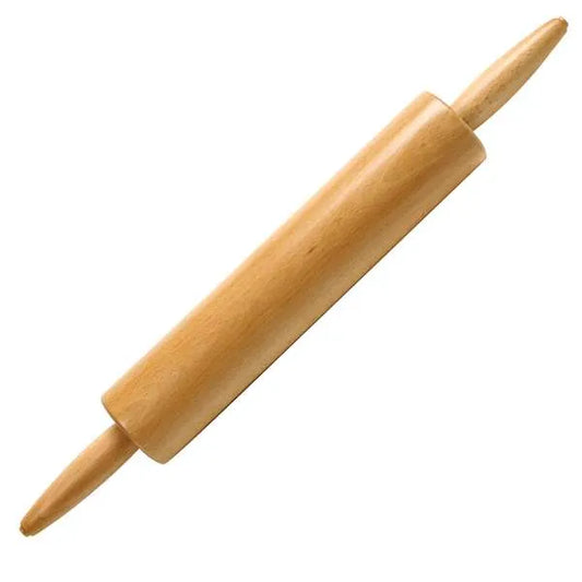 Beechwood rolling pin with handles shown on white background, ideal for cookie dough, fondant, and pastry rolling