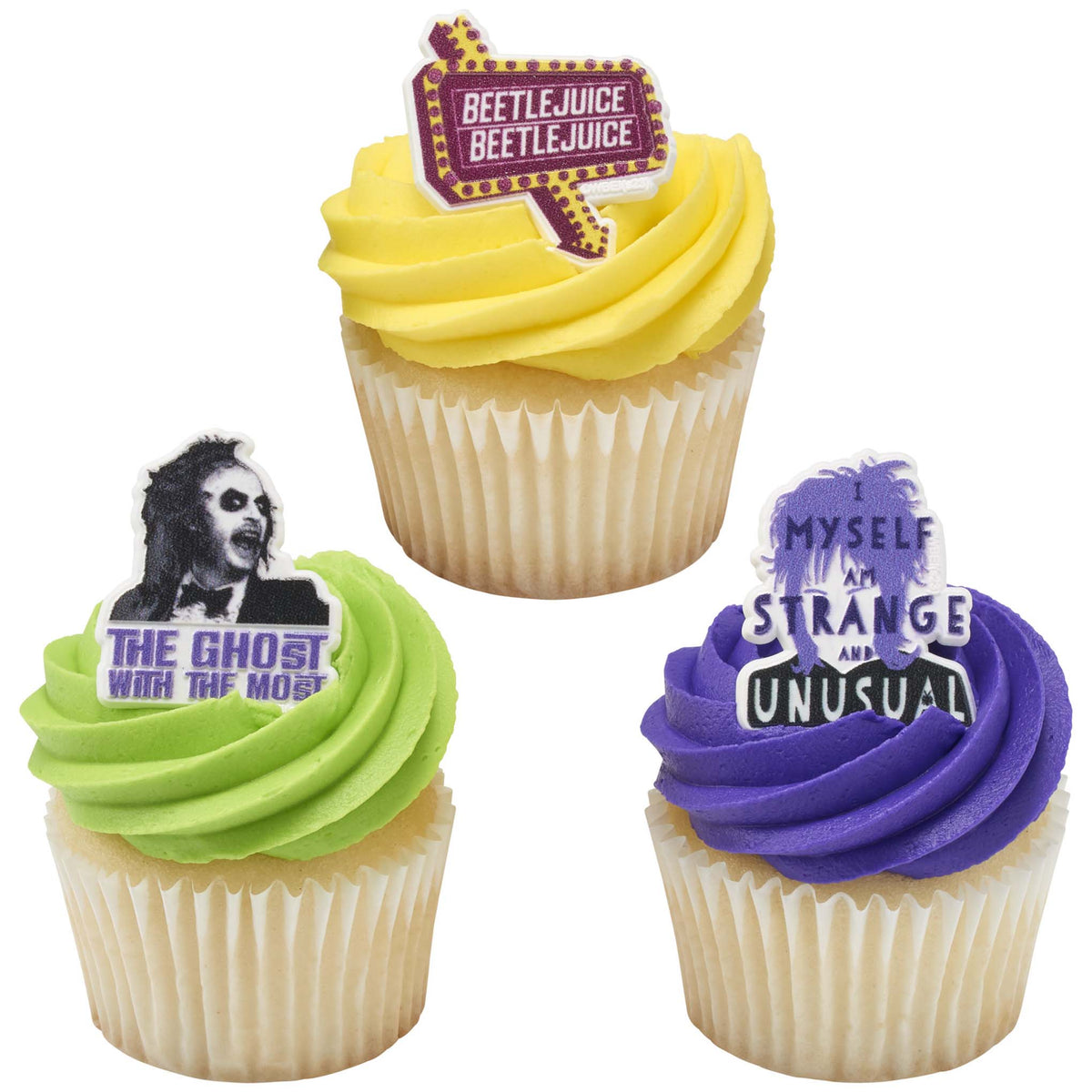 Beetlejuice, Lydia, and Beetlejuice sign cupcake rings displayed on three cupcakes with yellow, green, and purple frosting