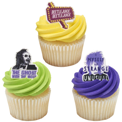 Beetlejuice, Lydia, and Beetlejuice sign cupcake rings displayed on three cupcakes with yellow, green, and purple frosting