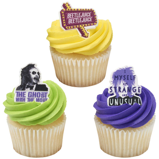 Beetlejuice, Lydia, and Beetlejuice sign cupcake rings displayed on three cupcakes with yellow, green, and purple frosting
