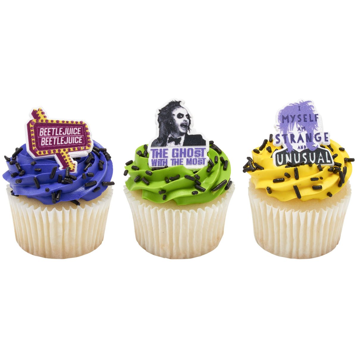 Three BEETLEJUICE cupcake ring designs on purple, green, and yellow frosted cupcakes with black sprinkles