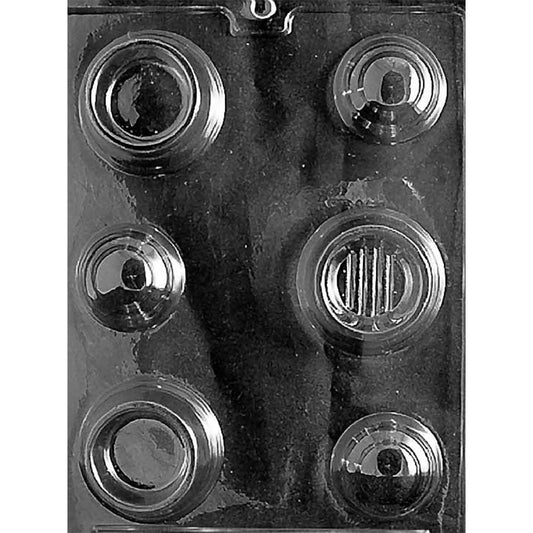 Clear plastic pour bell chocolate mold with six cavities for three hollow bell bases and three matching domed lids