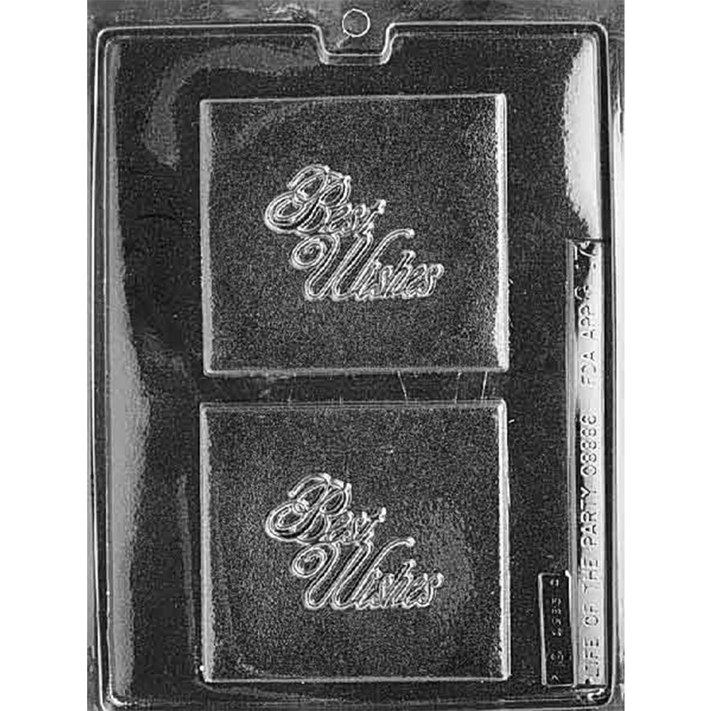 Clear Best Wishes large square chocolate mold on dark background with two rectangular cavities, each featuring embossed “Best Wishes” script for celebration chocolate bars.
