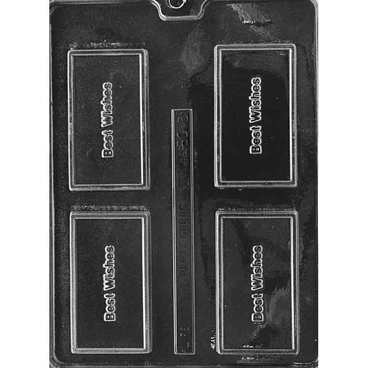 Clear Best Wishes bar chocolate mold on dark background with four rectangular business-card-style cavities, each featuring a raised Best Wishes message for celebration chocolate favors.