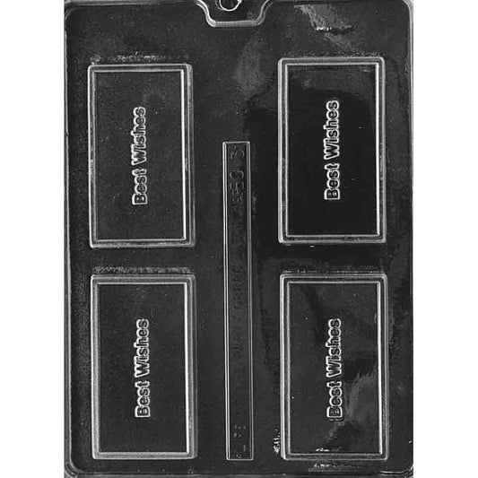 Clear Best Wishes bar chocolate mold on dark background with four rectangular business-card-style cavities, each featuring a raised Best Wishes message for celebration chocolate favors.