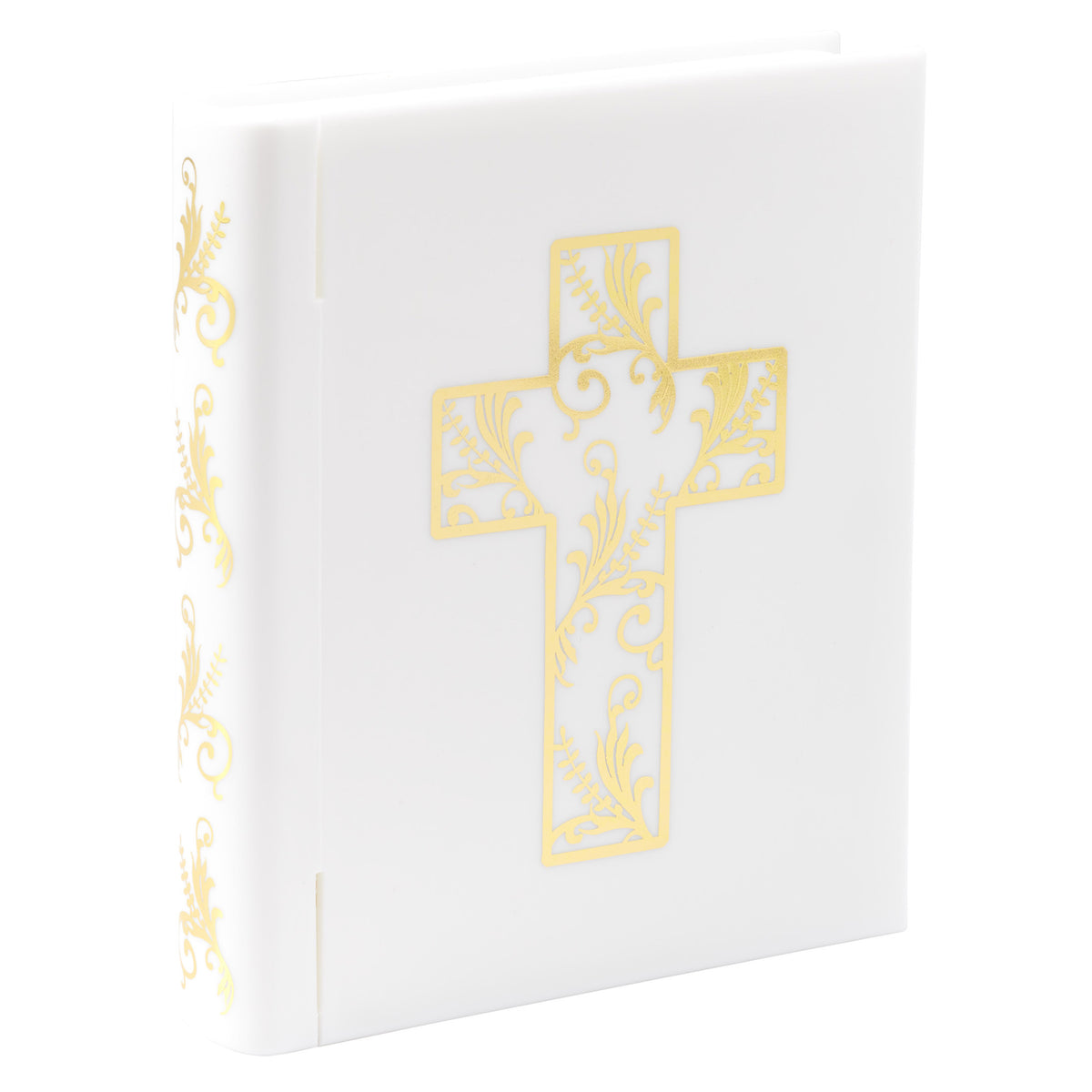 Closed white Bible cake topper with a decorative gold cross on the cover and coordinating gold details along the spine.