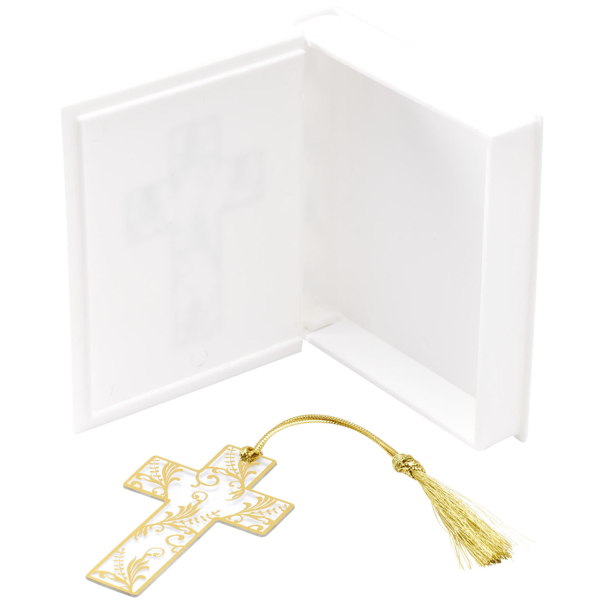 Open 4.5-inch white Bible-shaped cake topper container with a 2.95-inch gold cross bookmark and tassel.