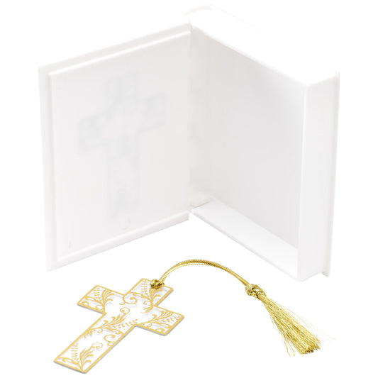 Open 4.5-inch white Bible-shaped cake topper container with a 2.95-inch gold cross bookmark and tassel.