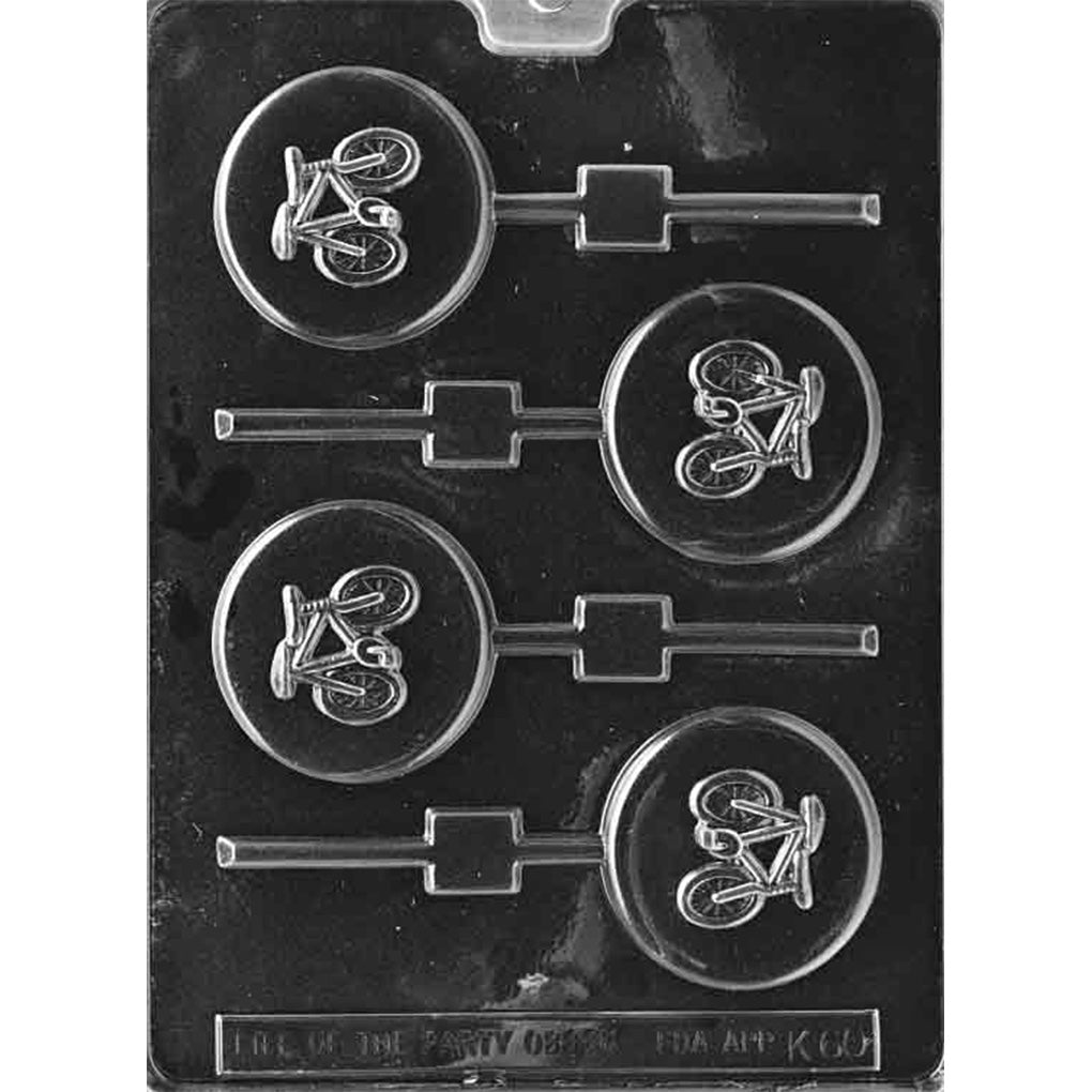 Bicycle round chocolate lollipop mold with four 2 1/4-inch cavities, detailed bike reliefs, and built-in stick channels