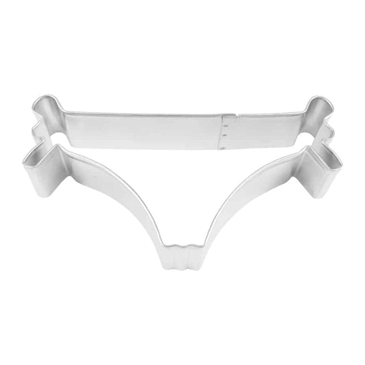 Metal bikini bottoms-shaped cookie cutter displayed against a white background.