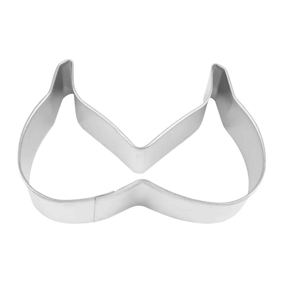 Metal bikini top-shaped cookie cutter displayed against a white background.