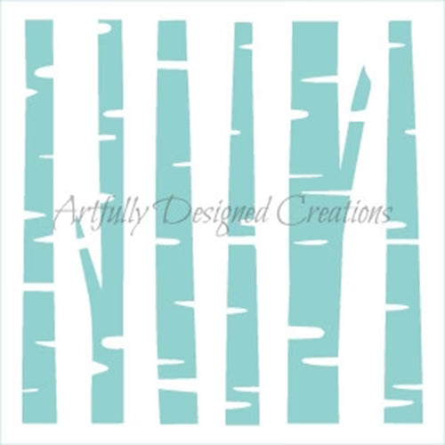 Birch trees cookie stencil showing teal open shapes of vertical birch trunks with bark markings on a white background.
